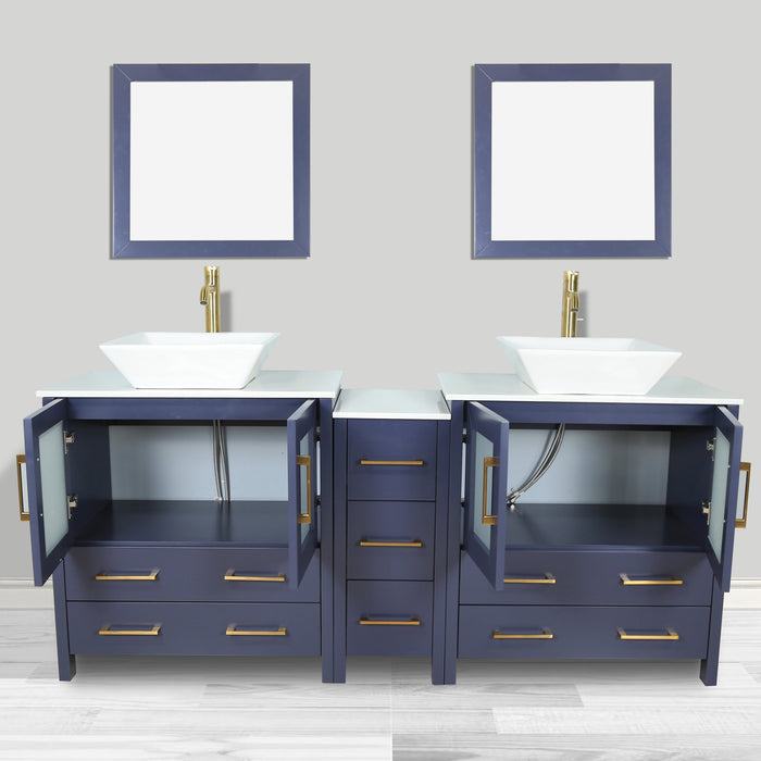 Ravenna 72" Double Sink Bathroom Vanity Combo Set, 7 Drawers 2 Shelves 3 Cabinets White Engineered Marble Top and Ceramic Sink Bathroom Cabinet with Free Mirrors