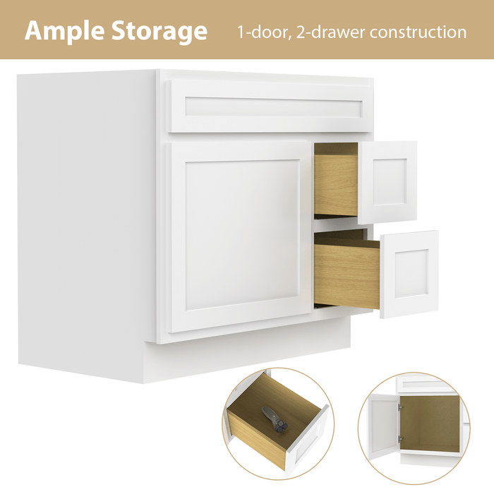 36" Bathroom Vanity Cabinet with Two Drawers, Solid Wood Single Shutter Door and 2 Extension Drawers Bathroom Floor Cabinet - HomeBeyond