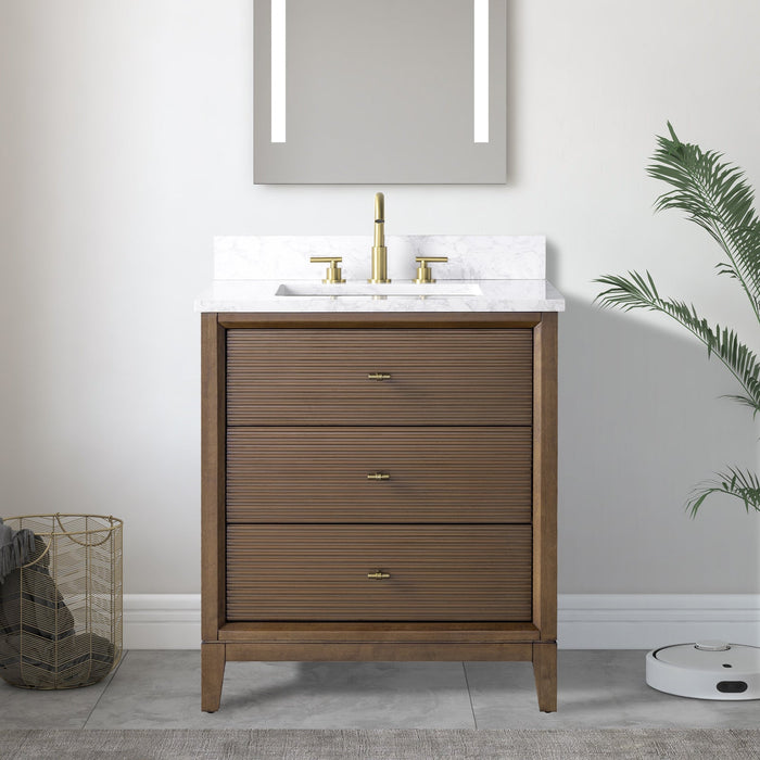 36" Single Sink Freestanding Bath Vanity Cabinet with White Engineered Marble Top - HomeBeyond