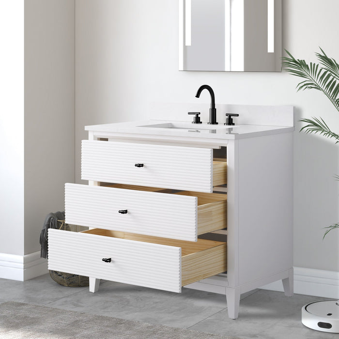 36" Single Sink Freestanding Bath Vanity Cabinet with White Engineered Marble Top - HomeBeyond
