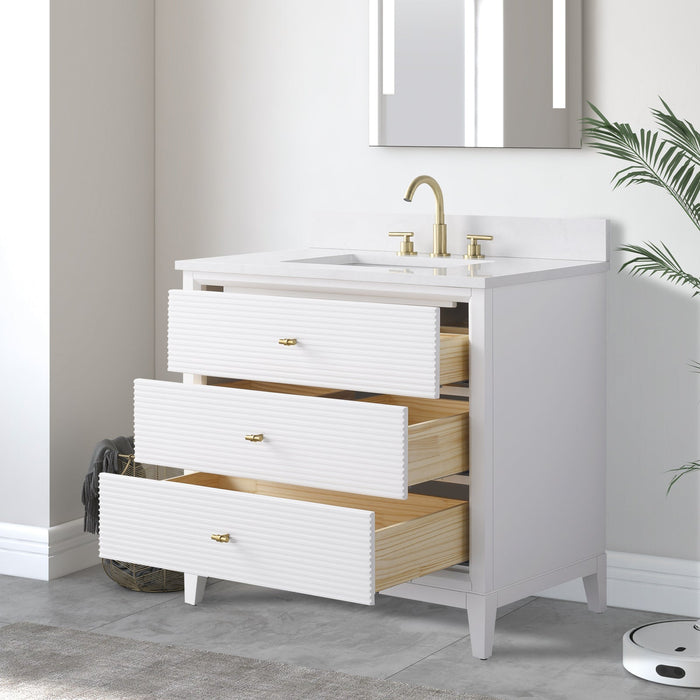36" Single Sink Freestanding Bath Vanity Cabinet with White Engineered Marble Top - HomeBeyond