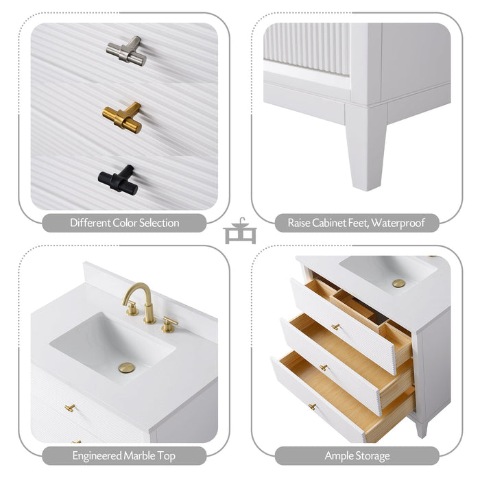 36" Single Sink Freestanding Bath Vanity Cabinet with White Engineered Marble Top - HomeBeyond