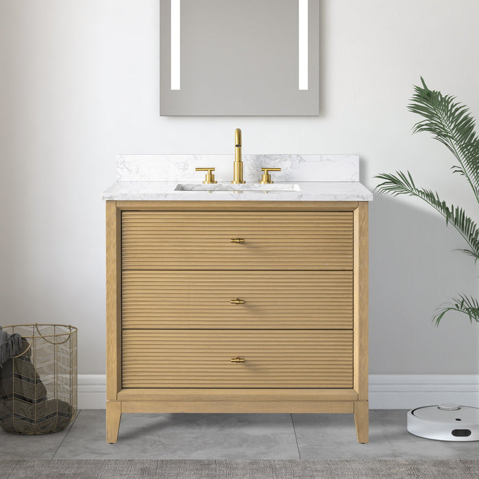 36" Single Sink Freestanding Bath Vanity Cabinet with White Engineered Marble Top - HomeBeyond