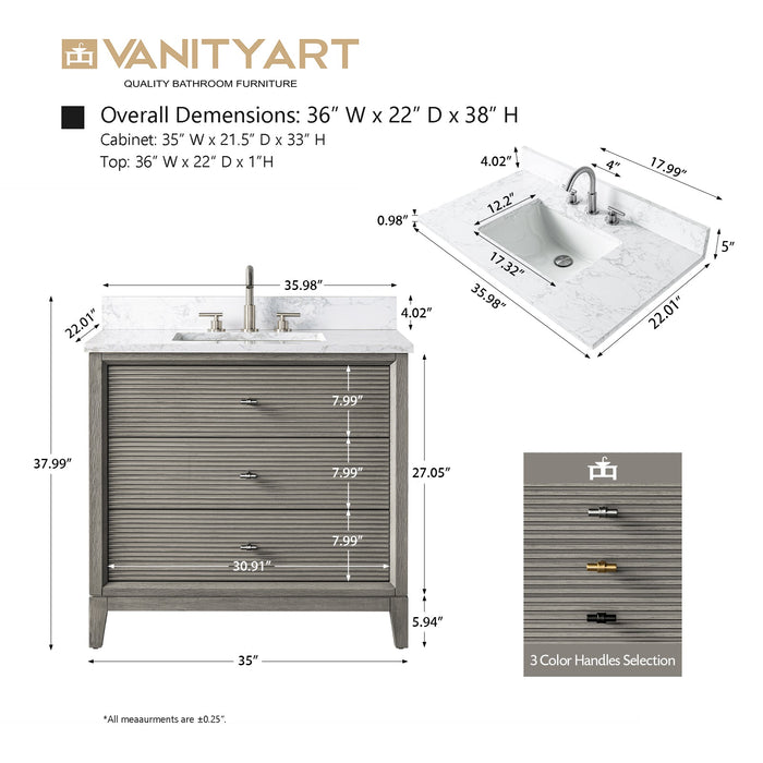 36" Single Sink Freestanding Bath Vanity Cabinet with White Engineered Marble Top - HomeBeyond
