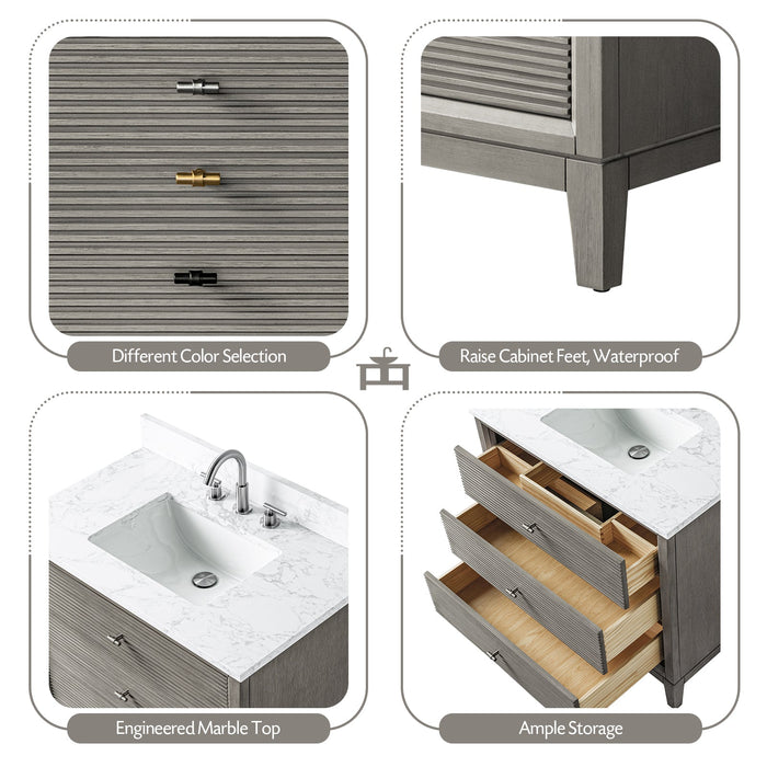 36" Single Sink Freestanding Bath Vanity Cabinet with White Engineered Marble Top - HomeBeyond