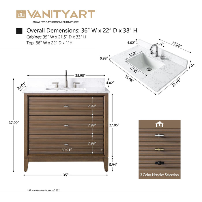 36" Single Sink Freestanding Bath Vanity Cabinet with White Engineered Marble Top - HomeBeyond
