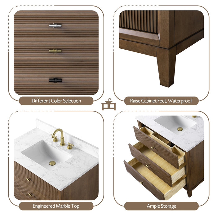 36" Single Sink Freestanding Bath Vanity Cabinet with White Engineered Marble Top - HomeBeyond