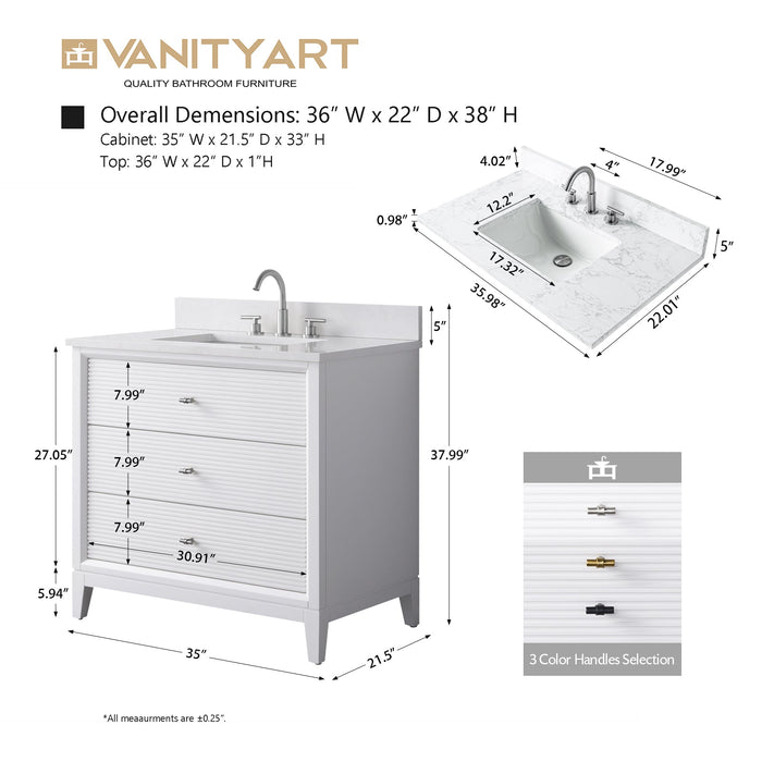36" Single Sink Freestanding Bath Vanity Cabinet with White Engineered Marble Top - HomeBeyond