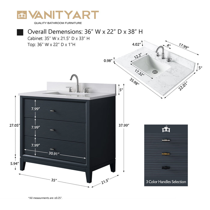 36" Single Sink Freestanding Bath Vanity Cabinet with White Engineered Marble Top - HomeBeyond