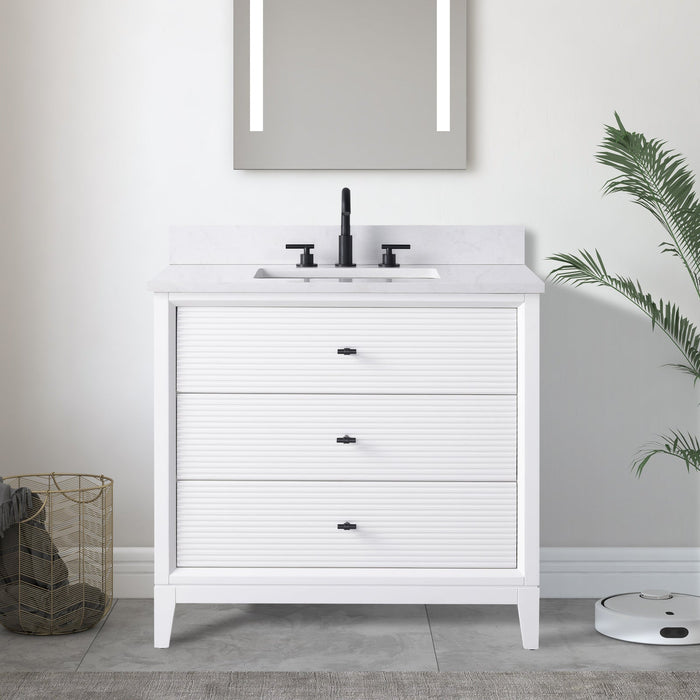 36" Single Sink Freestanding Bath Vanity Cabinet with White Engineered Marble Top - HomeBeyond