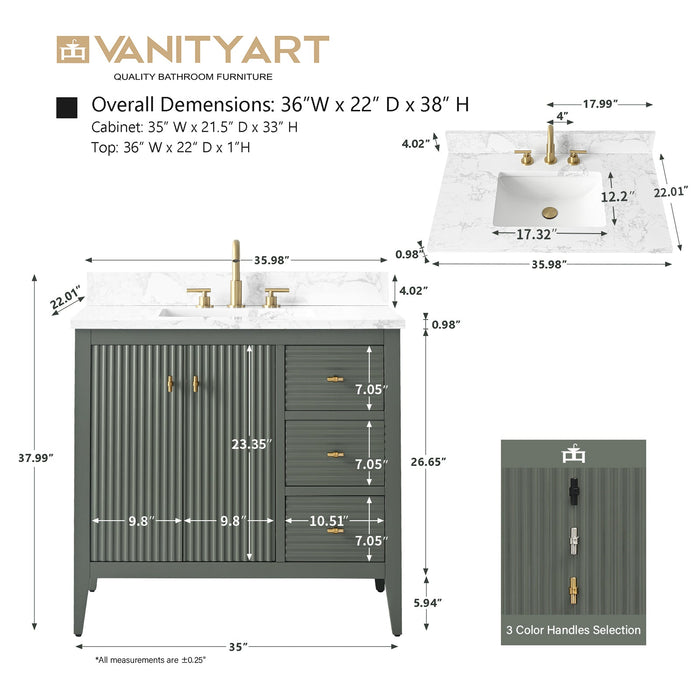 36" Single Sink Freestanding Bathroom Vanity with Engineered Marble Top - HomeBeyond