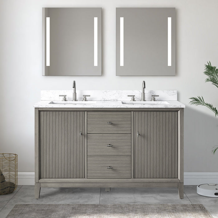 54" Double Sink Freestanding Bath Vanity Cabinet with White Engineered Marble Top - HomeBeyond