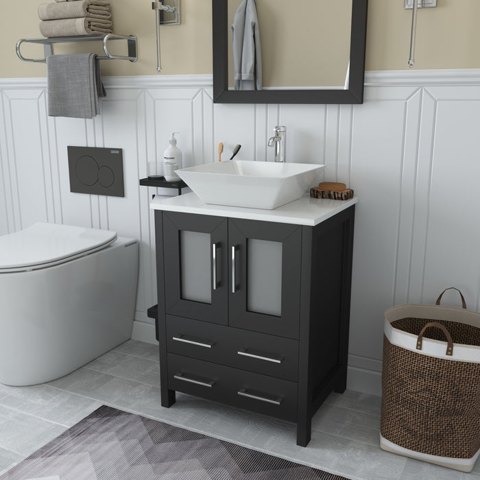Ravenna 24" Single Sink Bathroom Vanity Combo Set, 2-Drawers, Single Shelf, Single Cabinet White Engineered Marble Top and Ceramic Vessel Sink Bathroom Cabinet with Mirror