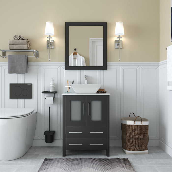 Ravenna 24" Single Sink Bathroom Vanity Combo Set, 2-Drawers, Single Shelf, Single Cabinet White Engineered Marble Top and Ceramic Vessel Sink Bathroom Cabinet with Mirror