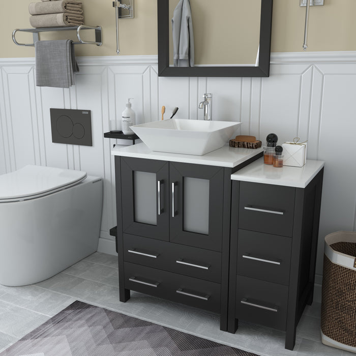 Ravenna 36" Single Sink Bathroom Vanity Combo Set, 5 Drawers 1 Shelf 2 Cabinet White Engineered Marble Top with Free Mirror