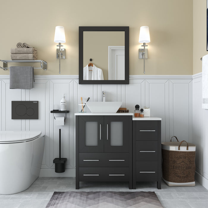 Ravenna 36" Single Sink Bathroom Vanity Combo Set, 5 Drawers 1 Shelf 2 Cabinet White Engineered Marble Top with Free Mirror