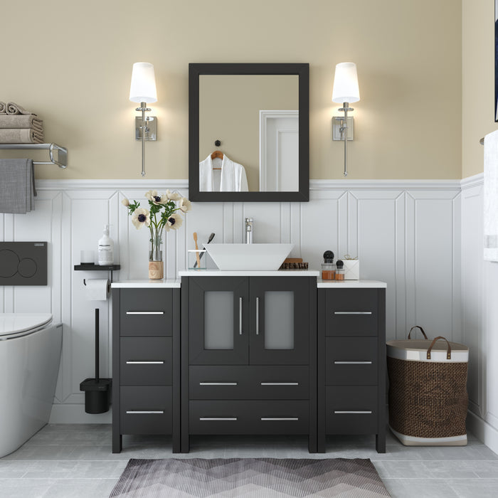 Ravenna 48" Single Sink Bathroom Vanity Combo Set, 8-Drawers, 1-Shelf, 3 Cabinet White Engineered Marble Top and Ceramic Vessel Sink Bathroom Cabinet with Free Mirror