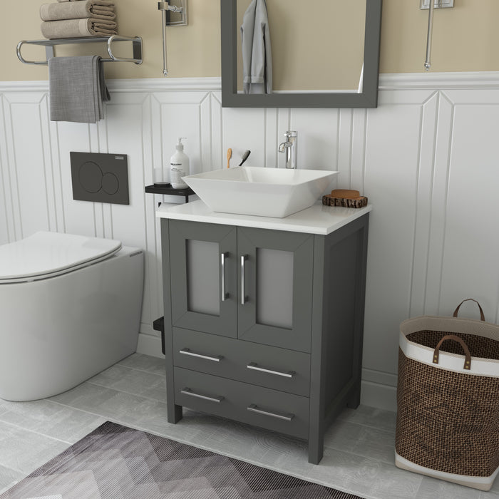 Ravenna 24" Single Sink Bathroom Vanity Combo Set, 2-Drawers, Single Shelf, Single Cabinet White Engineered Marble Top and Ceramic Vessel Sink Bathroom Cabinet with Mirror