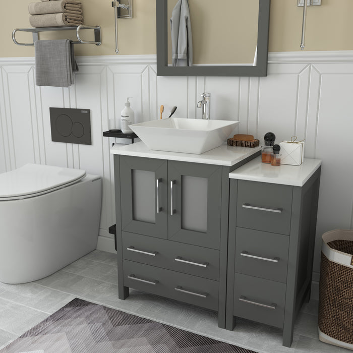 Ravenna 36" Single Sink Bathroom Vanity Combo Set, 5 Drawers 1 Shelf 2 Cabinet White Engineered Marble Top with Free Mirror