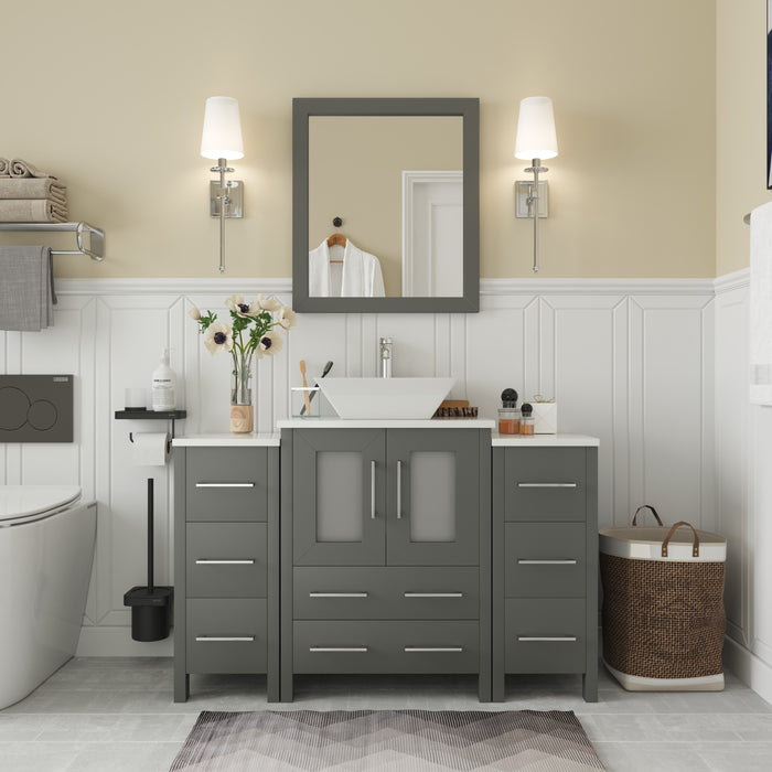 Ravenna 48" Single Sink Bathroom Vanity Combo Set, 8-Drawers, 1-Shelf, 3 Cabinet White Engineered Marble Top and Ceramic Vessel Sink Bathroom Cabinet with Free Mirror