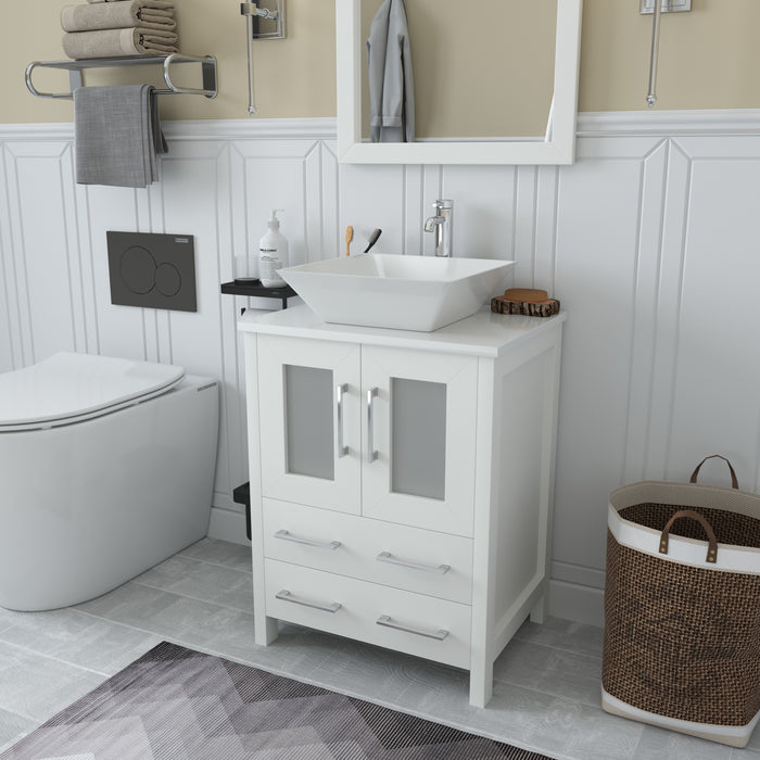 Ravenna 24" Single Sink Bathroom Vanity Combo Set, 2-Drawers, Single Shelf, Single Cabinet White Engineered Marble Top and Ceramic Vessel Sink Bathroom Cabinet with Mirror