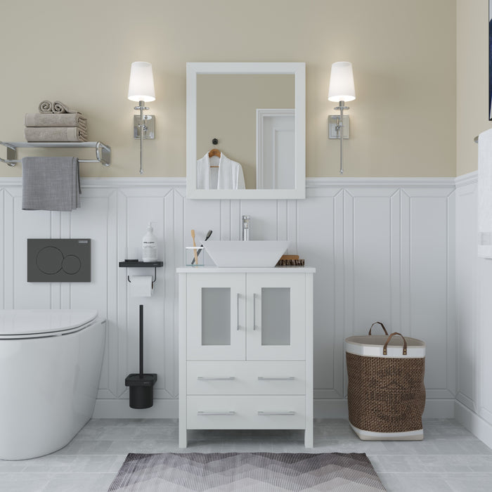 Ravenna 24" Single Sink Bathroom Vanity Combo Set, 2-Drawers, Single Shelf, Single Cabinet White Engineered Marble Top and Ceramic Vessel Sink Bathroom Cabinet with Mirror
