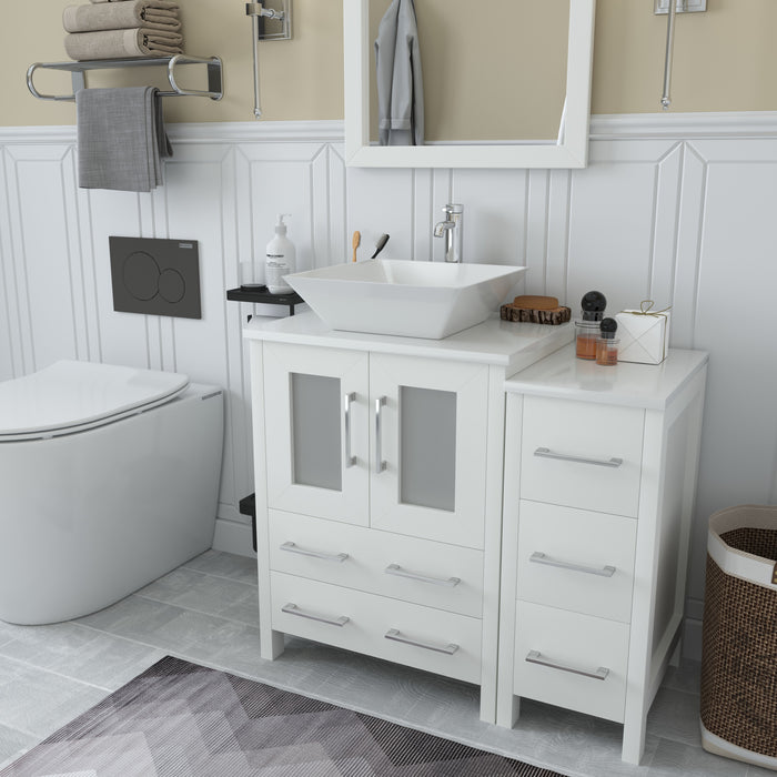 Ravenna 36" Single Sink Bathroom Vanity Combo Set, 5 Drawers 1 Shelf 2 Cabinet White Engineered Marble Top with Free Mirror