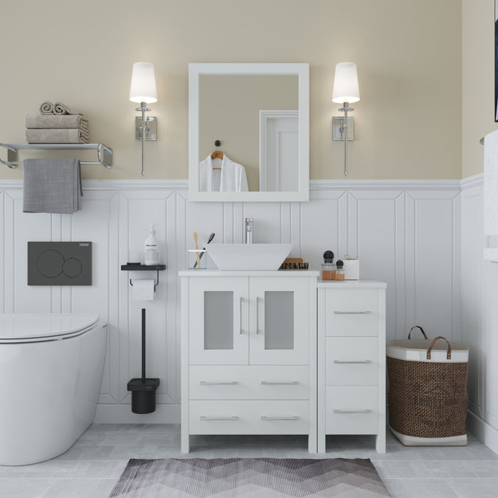 Ravenna 36" Single Sink Bathroom Vanity Combo Set, 5 Drawers 1 Shelf 2 Cabinet White Engineered Marble Top with Free Mirror