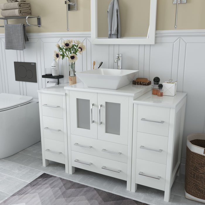 Ravenna 48" Single Sink Bathroom Vanity Combo Set, 8-Drawers, 1-Shelf, 3 Cabinet White Engineered Marble Top and Ceramic Vessel Sink Bathroom Cabinet with Free Mirror