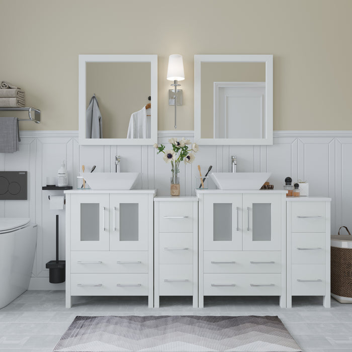 Ravenna 72" Double Sink Bathroom Vanity Combo Set, 10 Drawers, 2 Shelves, 4 Cabinets White Engineered Marble Top and Ceramic Vessel Sink Bathroom Cabinet with Mirrors