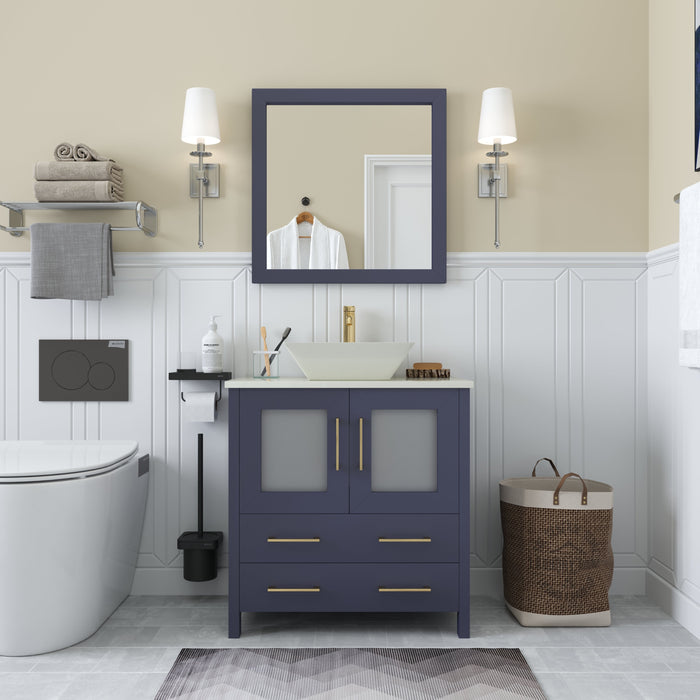 Ravenna 30" Single Sink Small Bathroom Vanity Set, 2 Drawers 1 Shelf Engineered Marble Top and Ceramic Vessel Sink Bathroom Cabinet with Mirror
