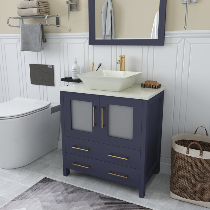 Ravenna 30" Single Sink Small Bathroom Vanity Set, 2 Drawers 1 Shelf Engineered Marble Top and Ceramic Vessel Sink Bathroom Cabinet with Mirror
