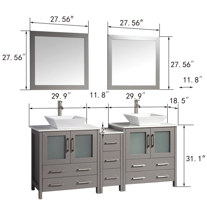 Ravenna 72" Double Sink Bathroom Vanity Combo Set, 7 Drawers 2 Shelves 3 Cabinets White Engineered Marble Top and Ceramic Sink Bathroom Cabinet with Free Mirrors