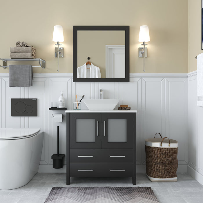 Ravenna 30" Single Sink Small Bathroom Vanity Set, 2 Drawers 1 Shelf Engineered Marble Top and Ceramic Vessel Sink Bathroom Cabinet with Mirror