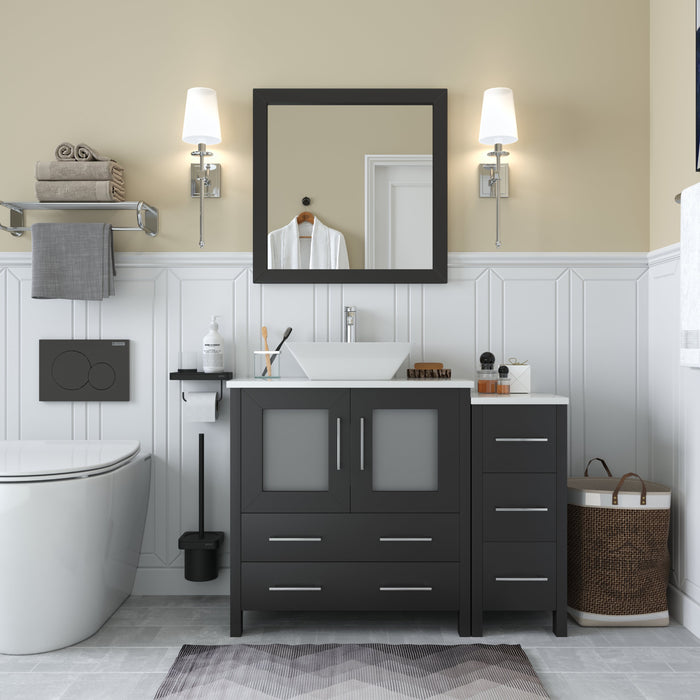 Ravenna 42" Single Sink Bathroom Vanity Combo Set, 5 Drawers 1 Shelf 2 Cabinet White Engineered Marble Top and Ceramic Vessel Sink Bathroom Cabinet with Free Mirror