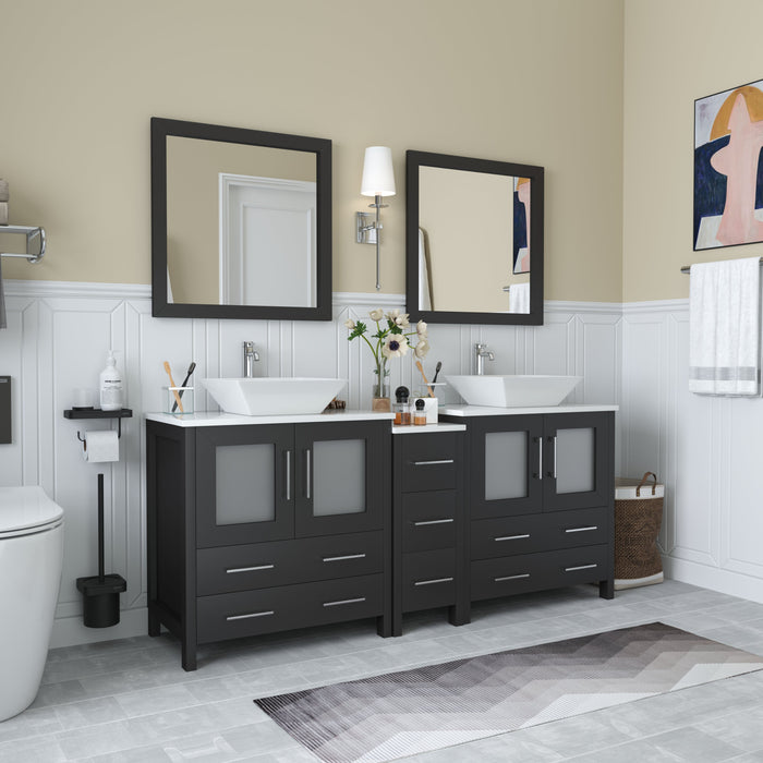 Ravenna 72" Double Sink Bathroom Vanity Combo Set, 7 Drawers 2 Shelves 3 Cabinets White Engineered Marble Top and Ceramic Sink Bathroom Cabinet with Free Mirrors