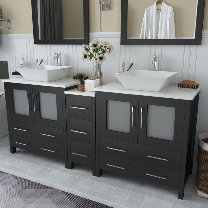 Ravenna 72" Double Sink Bathroom Vanity Combo Set, 7 Drawers 2 Shelves 3 Cabinets White Engineered Marble Top and Ceramic Sink Bathroom Cabinet with Free Mirrors