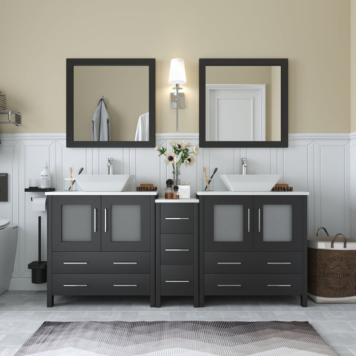 Ravenna 72" Double Sink Bathroom Vanity Combo Set, 7 Drawers 2 Shelves 3 Cabinets White Engineered Marble Top and Ceramic Sink Bathroom Cabinet with Free Mirrors