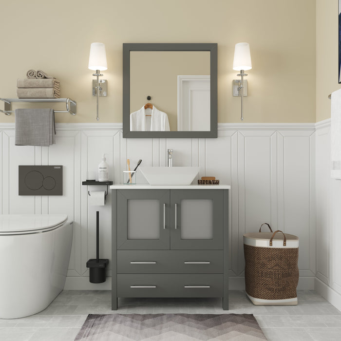 Ravenna 30" Single Sink Small Bathroom Vanity Set, 2 Drawers 1 Shelf Engineered Marble Top and Ceramic Vessel Sink Bathroom Cabinet with Mirror
