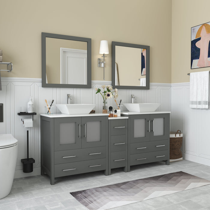 Ravenna 72" Double Sink Bathroom Vanity Combo Set, 7 Drawers 2 Shelves 3 Cabinets White Engineered Marble Top and Ceramic Sink Bathroom Cabinet with Free Mirrors