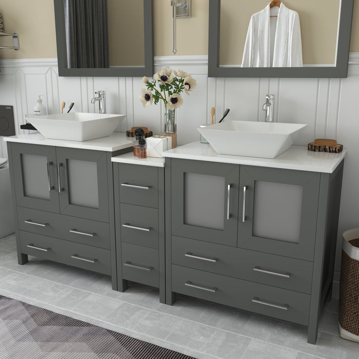 Ravenna 72" Double Sink Bathroom Vanity Combo Set, 7 Drawers 2 Shelves 3 Cabinets White Engineered Marble Top and Ceramic Sink Bathroom Cabinet with Free Mirrors