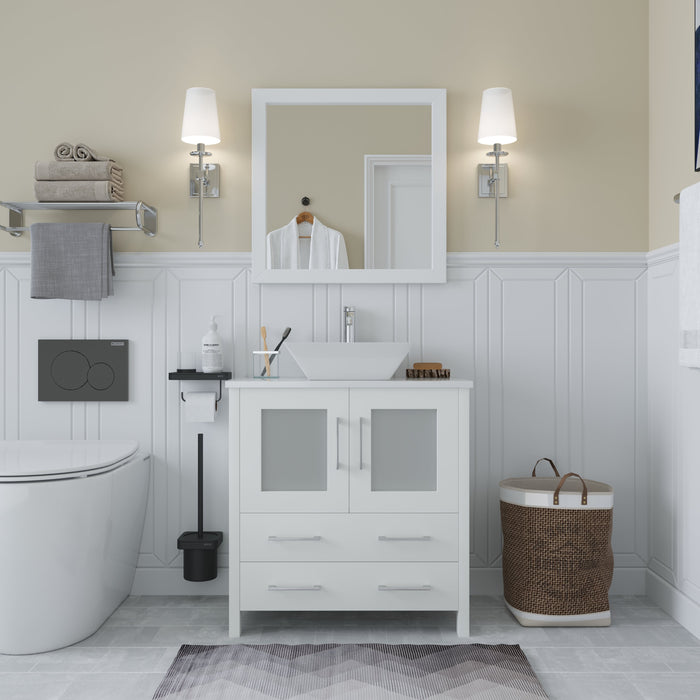 Ravenna 30" Single Sink Small Bathroom Vanity Set, 2 Drawers 1 Shelf Engineered Marble Top and Ceramic Vessel Sink Bathroom Cabinet with Mirror
