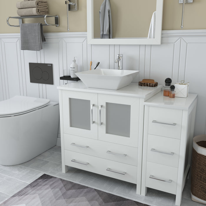 Ravenna 42" Single Sink Bathroom Vanity Combo Set, 5 Drawers 1 Shelf 2 Cabinet White Engineered Marble Top and Ceramic Vessel Sink Bathroom Cabinet with Free Mirror