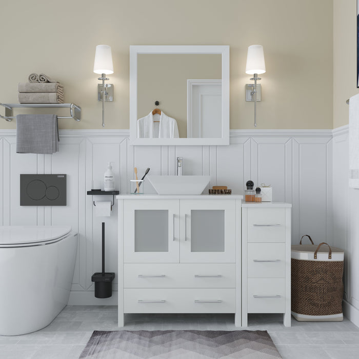 Ravenna 42" Single Sink Bathroom Vanity Combo Set, 5 Drawers 1 Shelf 2 Cabinet White Engineered Marble Top and Ceramic Vessel Sink Bathroom Cabinet with Free Mirror