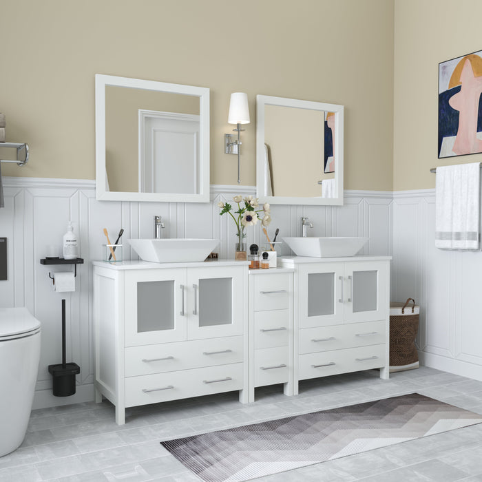 Ravenna 72" Double Sink Bathroom Vanity Combo Set, 7 Drawers 2 Shelves 3 Cabinets White Engineered Marble Top and Ceramic Sink Bathroom Cabinet with Free Mirrors