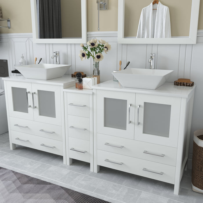 Ravenna 72" Double Sink Bathroom Vanity Combo Set, 7 Drawers 2 Shelves 3 Cabinets White Engineered Marble Top and Ceramic Sink Bathroom Cabinet with Free Mirrors