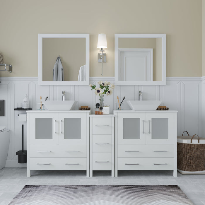 Ravenna 72" Double Sink Bathroom Vanity Combo Set, 7 Drawers 2 Shelves 3 Cabinets White Engineered Marble Top and Ceramic Sink Bathroom Cabinet with Free Mirrors