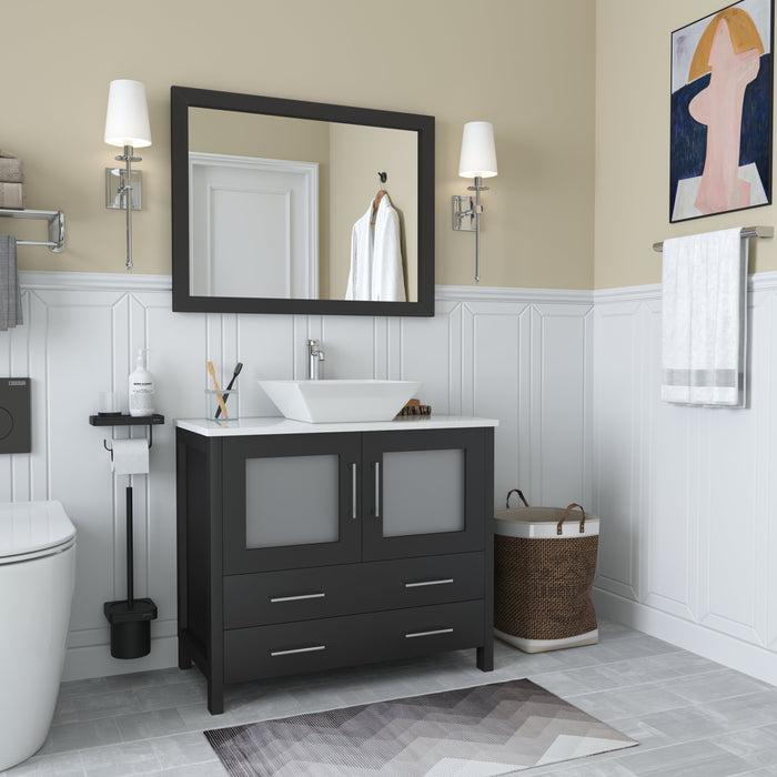 Ravenna 36" Single Sink Bathroom Vanity Combo Set, 2 Drawers 1 Shelf Single Cabinet White Engineered Marble Top and Ceramic Sink Bathroom Cabinet with Free Mirror