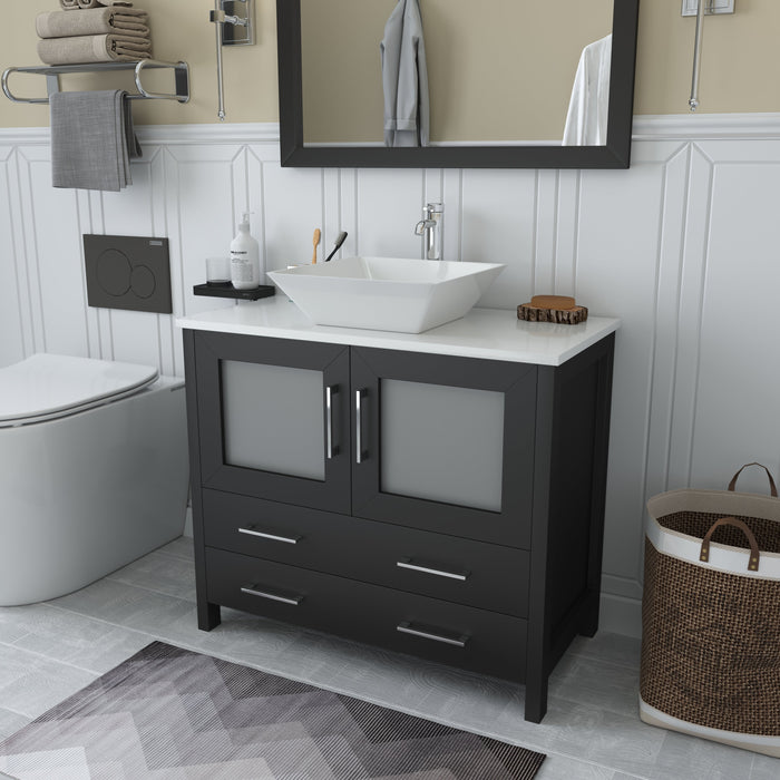 Ravenna 36" Single Sink Bathroom Vanity Combo Set, 2 Drawers 1 Shelf Single Cabinet White Engineered Marble Top and Ceramic Sink Bathroom Cabinet with Free Mirror