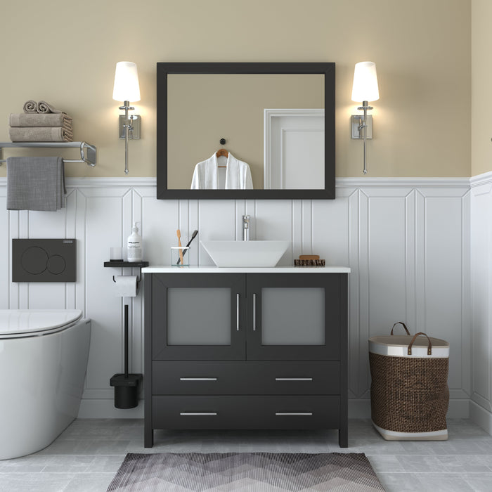 Ravenna 36" Single Sink Bathroom Vanity Combo Set, 2 Drawers 1 Shelf Single Cabinet White Engineered Marble Top and Ceramic Sink Bathroom Cabinet with Free Mirror